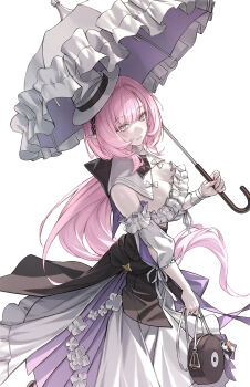 Rule 34 | 1girl, bag, blue eyes, breasts, cleavage, collar, dress, elysia (honkai impact), elysia (sweet memories) (honkai impact), hashtag-only commentary, hat, highres, holding, holding bag, holding umbrella, honkai (series), honkai impact 3rd, large breasts, long hair, neon (pixiv 31150749), official alternate costume, parasol, parted lips, pink hair, pink pupils, sidelocks, simple background, smile, solo, umbrella, white background, white collar, white dress, white hat