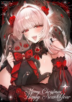 1girl :d animal bare_shoulders black_cat black_sleeves black_wings blush bow breasts cat commentary_request cross detached_sleeves earrings extra_eyes fangs feathered_wings flower hair_intakes half-closed_eyes happy_new_year head_wings highres inverted_cross jewelry large_breasts long_hair long_sleeves looking_at_viewer merry_christmas multiple_wings new_year open_mouth original pointy_ears puffy_long_sleeves puffy_sleeves red_bow red_eyes red_flower red_rose rose sleeves_past_wrists smile solo very_long_hair white_hair wings yomi25