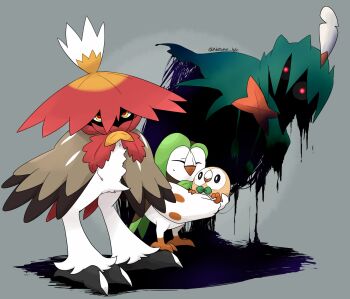 beak bird dartrix decidueye evolutionary_line feathers gen_7_pokemon glaring glowing glowing_eyes green_feathers hidane_(natsume_hdn) highres hisuian_decidueye looking_at_viewer nintendo no_humans owl plume pokemon pokemon_(creature) red_eyes rowlet shaded_face swing talons wings