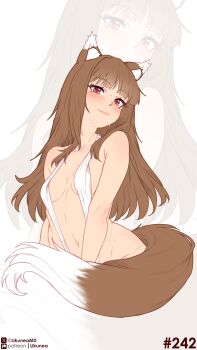 1girl absurdres alternate_costume animal_ear_fluff animal_ears artist_name bare_shoulders blunt_bangs blush breasts brown_hair cleavage closed_mouth commentary english_commentary fang fang_out highres holo likunea long_hair looking_at_viewer navel patreon_logo patreon_username red_eyes revealing_clothes sidelocks simple_background slingshot_swimsuit small_breasts solo solo_focus spice_and_wolf stomach swimsuit tail twitter_username twitter_x_logo wolf_ears wolf_girl wolf_tail zoom_layer