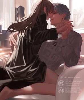 1boy 1girl barefoot black_shirt blush brown_hair couch couple grey_hair grey_sweater hetero highres holding_hands interlocked_fingers long_hair looking_at_viewer love_and_deepspace no_pants osaki_iyo parted_bangs protagonist_(love_and_deepspace) red_eyes shirt short_hair sitting sitting_on_lap sitting_on_person straddling sweater sylus_(love_and_deepspace) twintails upright_straddle