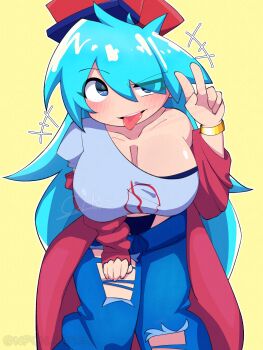 1girl artist_name asymmetrical_clothes blue_eyes blue_hair blush boyfriend_(friday_night_funkin') breasts clothes_pull denim friday_night_funkin' genderswap genderswap_(mtf) hanging_breasts hat huge_breasts jacket jeans long_hair nfch_05054 one_eye_closed open_mouth panties pants pants_pull smile tongue tongue_out torn_clothes underwear yellow_background