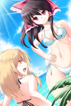 2girls bikini blonde_hair bow breasts cleavage collarbone contemporary date_hajime day female_focus hair_bow hair_tubes hakurei_reimu hand_on_own_hip horizon kirisame_marisa looking_at_viewer midriff multiple_girls navel ocean red_eyes side-tie_bikini_bottom sidelocks small_breasts stomach swimsuit touhou water yellow_eyes
