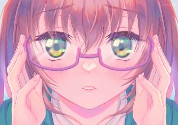 Rule 34 | 1girl, adjusting eyewear, bang dream!, bang dream! girls band party!, blush, brown hair, close-up, commentary request, fingernails, glasses, green eyes, looking at viewer, medium hair, red-framed eyewear, semi-rimless eyewear, shirohata nagisa, solo, yamato maya