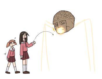 Rule 34 | 2girls, :d, ?, azumanga daioh's school uniform, azumanga daiou, brown hair, brown shoes, coin, coin flip, commentary, english commentary, farhan melukis, gameplay mechanics, kasuga ayumu, kneehighs, looking at another, malicious face (ultrakill), mihama chiyo, multiple girls, open mouth, pink serafuku, pink shirt, pink skirt, powering up, sailor collar, school uniform, serafuku, shirt, shoes, short twintails, simple background, skirt, smile, socks, twintails, white background, white sailor collar, white socks