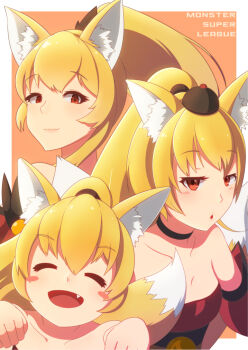 3girls :o animal_ears bare_shoulders black_choker blonde_hair blush blush_stickers choker collarbone copyright_name detached_sleeves dress evolution fang fox_ears hat horan_(monster_super_league) looking_at_viewer miho_(monster_super_league) monster_super_league multiple_girls multiple_tails orange_background paw_pose pink_lips ponytail ran_(monster_super_league) red_dress red_eyes sash shoggoth_329 smile strapless strapless_dress tail