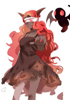 1girl absurdres bad_id bad_pixiv_id bandages black_dress blindfold blood breasts colored_skin demon_horns dress foreshortening grey_skin highres horns lilith_(the_binding_of_isaac) lipstick long_hair makeup medium_breasts nail_polish red_hair red_nails simple_background sketch the_binding_of_isaac white_background