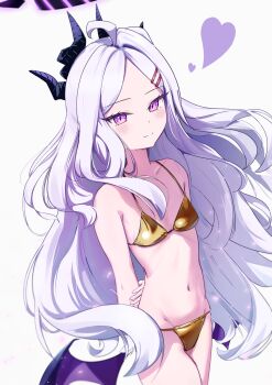 1girl ahoge alternate_costume arm_behind_back bikini black_halo black_horns blue_archive blush breasts closed_mouth collarbone cowboy_shot demon_girl demon_horns demon_wings gold_bikini hair_ornament hair_over_shoulder hairclip halo hand_on_own_arm heart hina_(blue_archive) horns kqgor7zeg9ozht4 loli long_hair looking_at_viewer low_wings multiple_horns navel parted_bangs purple_eyes purple_hair simple_background slit_pupils small_breasts smile solo split_mouth standing swimsuit very_long_hair white_background white_hair wings