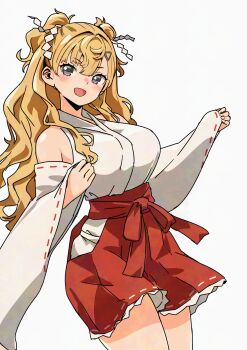 Rule 34 | 1girl, alternate costume, asava (hutaitenn), blonde hair, commentary request, cowboy shot, detached sleeves, grey eyes, hakama, hakama short skirt, hakama skirt, highres, japanese clothes, kantai collection, kimono, minneapolis (kancolle), red hakama, skirt, sleeveless, sleeveless kimono, smile, solo, two side up, white kimono