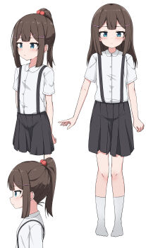 1girl absurdres black_skirt blue_eyes brown_hair commentary_request hair_ornament hairclip highres multiple_views original ponytail shirt short_sleeves skirt socks suspender_skirt suspenders takasuma_hiro white_background white_shirt