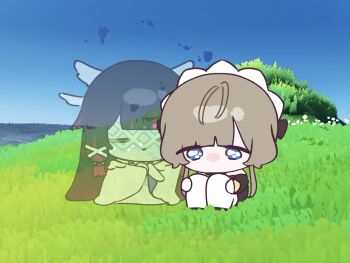 2girls black_collar black_sleeves blue_eyes closed_eyes collar columbina_(genshin_impact) detached_sleeves dress eye_mask genshin_impact hair_ornament head_wings headdress highres invisible_shoes long_hair mask mikurumikurumi multicolored_hair multiple_girls purple_streaks ribbon sandrone_(genshin_impact) see-through_clothes see-through_mask short_hair_with_long_locks white_dress white_headdress white_mask white_ribbon wing_hair_ornament wings x-shaped_eyewear