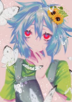 1boy absurdres alternate_eye_color antenna_hair basil_(headspace)_(omori) basil_(omori) blue_overalls bug butterfly closed_mouth colored_skin commentary_request double-parted_bangs flower glitch green_hair green_shirt hair_between_eyes hair_flower hair_ornament highres insect kauchi_(kani10cauchi) male_focus omori overalls shirt short_hair short_sleeves sidelocks smile solo t-shirt upper_body white_skin