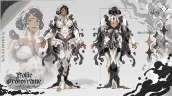 1girl 4mori4n artist_name biomechanical bow breast_suppress color_guide colored_upper_lip commentary cyborg double_bun english_commentary english_text eyebrow_piercing face_piercing facial_mark floating_liquid follie_(warframe) frilled_hairband frilled_headwear frills full_body hair_bun hairband highres ink looking_to_the_side makeup multiple_views paintbrush partial_humanization piercing plump protoframe_(warframe) reference_sheet signature solo teardrop_facial_mark teardrop_necklace warframe white_bow zoom_layer