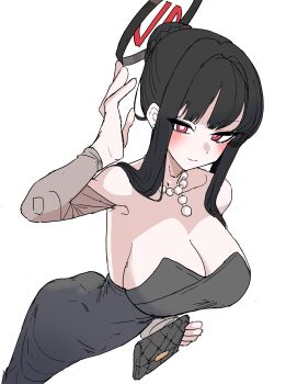 1girl absurdres ass bag bare_shoulders bead_necklace beads black_dress black_hair blue_archive blush breasts cleavage clutch_purse commentary_request curvy dress halo handbag highres holding holding_bag jewelry ji_jyu korean_commentary large_breasts long_hair looking_at_viewer necklace red_eyes revision ringed_eyes rio_(blue_archive) rio_(dress)_(blue_archive) simple_background solo white_background