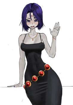 Rule 34 | 1girl, absurdres, arm support, black dress, bracelet, breasts, colored skin, dc comics, dress, forehead jewel, gem, grey skin, hand up, highres, jewelry, medium breasts, medium hair, necklace, open mouth, purple eyes, purple hair, raven (dc), red gem, simple background, solo, teen titans, teeth, tefi blum, upper teeth only, white background