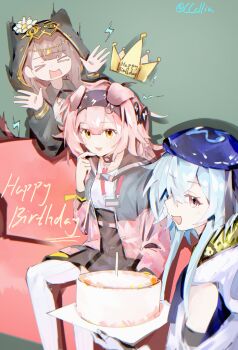 >_< 1boy 2girls absurdres androgynous animal_ear_hood animal_ears arknights birthday_cake black_bow black_hairband black_jacket black_skirt blue_hair blue_hat bow brown_hair cake candle cat_ears cat_girl chinese_commentary commentary_request couch english_text fake_animal_ears floppy_ears food goldenglow_(arknights) green_background grey_jacket hair_between_eyes hair_bow hairband hands_up happy_birthday hat highres holding holding_cake holding_food hood hooded_jacket jacket lanyard lightning_bolt_print long_sleeves looking_at_viewer mizuki_(arknights) multicolored_jacket multiple_girls on_couch open_clothes open_jacket pepe_(arknights) pink_hair pink_jacket print_hairband sakuratani_hane shirt_tucked_in simple_background skirt tail_raised thighhighs twitter_username white_thighhighs