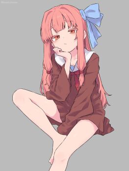 1girl barefoot bored hand_on_own_chin highres knees kotonoha_akane pink_eyes pink_hair semicolonize solo toes voiceroid