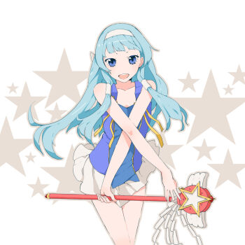 1girl :d blue_dress blue_eyes blue_hair cowboy_shot crossed_arms doushimasho dress fingernails hair_tubes hairband holding kannagi legs_together long_hair looking_at_viewer miniskirt nagi_(kannagi) open_mouth skirt smile solo standing wand white_skirt