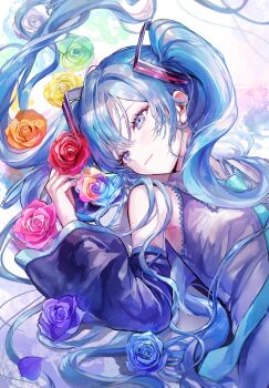 1girl absurdres aqua_necktie bare_shoulders black_sleeves blue_eyes blue_flower blue_hair blue_rose collared_shirt commentary_request detached_sleeves flower green_flower green_rose grey_shirt hair_between_eyes hair_ornament hatsune_miku highres light_smile long_hair long_sleeves looking_at_viewer lying multicolored_flower multicolored_rose necktie on_back orange_flower orange_rose pink_flower pink_rose pipi_(pipinavigation) purple_flower purple_rose red_flower red_rose rose shirt sleeveless sleeveless_shirt solo twintails vocaloid white_flower white_rose yellow_flower yellow_rose