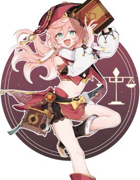 1girl antlers apron arms_up bloomers blush_stickers book crop_top full_body genshin_impact green_eyes hair_between_eyes hat highres holding holding_book horns leg_up long_hair long_sleeves looking_at_viewer midriff navel open_mouth red_apron red_hat smile solo sushi_171 underwear yanfei_(genshin_impact)