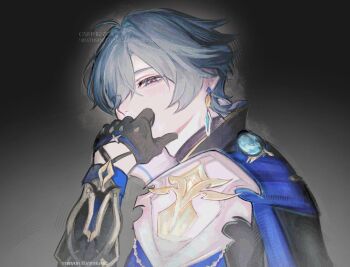 1boy ahoge armor belt belt_collar black_belt black_gloves blue_shirt choker coat collar collared_shirt commentary earrings genshin_impact gloves gradient_background green_hair hair_between_eyes hair_intakes half-closed_eyes hand_on_own_face jewelry lohen_(genshin_impact) long_sleeves looking_at_viewer male_focus multicolored_eyes shirt short_hair shoulder_armor sideways_glance single_earring solo twitter_username untranslatable_commentary upper_body vision_(genshin_impact) xyratsu13