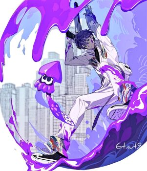 1boy 6tnut9 arms_up artist_name bandaged_hand bandages belt black_shirt black_shoes building city closed_mouth commentary_request green_eyes gun hair_between_eyes holding holding_gun holding_weapon inkling jumpsuit kenmochi_touya long_sleeves looking_at_viewer male_focus nijisanji nintendo paint paint_on_clothes paint_splatter paint_splatter_on_face purple_belt purple_hair shirt shoes short_hair signature solo splatoon_(series) squid undershirt virtual_youtuber weapon white_background white_jumpsuit