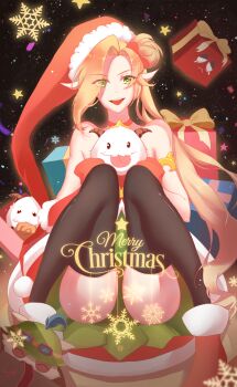 1girl alternate_costume ambitious_elf_jinx black_thighhighs blonde_hair boots bow choker christmas christmas_tree eyes_visible_through_hair full_body gloves green_panties hair_bun halterneck hat highres jinx_(league_of_legends) league_of_legends long_hair panties pointy_ears ribbon santa_hat single_hair_bun sitting skirt teemo thighhighs underwear very_long_hair