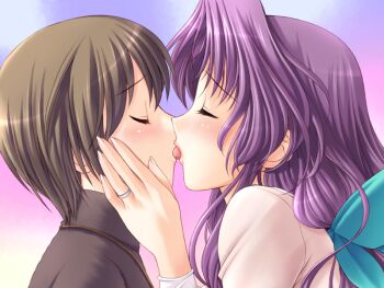 1boy 1girl age_difference ahoge aoi_sakura_(tsuma_shibori) breasts closed_eyes french_kiss game_cg hair_ribbon hand_on_another&#039;s_chin jewelry kiss kuroda_akimi large_breasts long_hair non-web_source official_art purple_hair ribbon ring shota tsuma_shibori tsumamigui_(series) wedding_ring