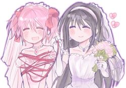 Rule 34 | 2girls, ^ ^, akemi homura, black hair, bound, bouquet, bow, bridal veil, closed eyes, collarbone, couple, dress, earrings, elbow gloves, facing viewer, flower, gloves, hair bow, hairband, heart, holding, holding bouquet, jewelry, kaname madoka, kerimka31328031, long hair, mahou shoujo madoka magica, mahou shoujo madoka magica (anime), medium hair, multiple girls, necklace, open mouth, pearl necklace, pink bow, pink hair, ring, smile, soul gem, tied up (nonsexual), twintails, veil, wedding dress, wedding ring, white dress, white gloves, yuri