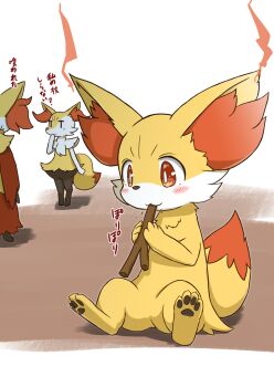blush braixen delphox evolutionary_line fennekin gen_6_pokemon highres holding holding_stick kiori_nezumi nintendo pokemon pokemon_(creature) red_eyes solo_focus stick translation_request