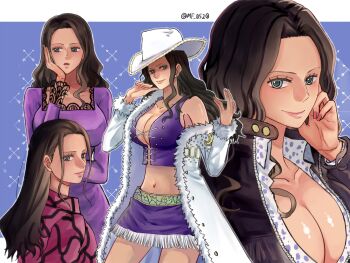 1girl black_dress black_hair blue_eyes border breasts cleavage coat commentary cowboy_hat cross-laced_clothes cross-laced_top dress fur-trimmed_coat fur_trim hand_on_own_cheek hand_on_own_face hat highres large_breasts leather_dress long_hair looking_at_viewer looking_to_the_side mf_0520 multiple_views nico_robin one_piece pink_lips purple_dress purple_shirt red_nails shirt sidelocks smile sparkle twitter_username white_border white_coat white_hat