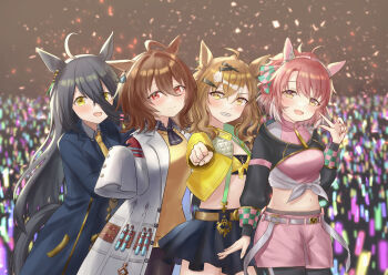 4girls absurdres agnes_tachyon_(tach-nology)_(umamusume) agnes_tachyon_(umamusume) ahoge animal_ears black_shirt black_skirt breasts brown_hair chemical_structure clenched_hand collared_shirt commentary_request confetti cowboy_shot crea_tiramisu crop_top cropped_jacket dantsu_flame_(center_spotlight)_(umamusume) dantsu_flame_(umamusume) earrings grin hair_between_eyes hair_ornament headband highres horse_ears horse_girl jam_(umamusume) jewelry jungle_pocket_(umamusume) lab_coat looking_at_viewer manhattan_cafe_(umamusume) medium_breasts medium_hair multiple_girls necktie open_mouth pantyhose pink_shorts shirt shorts single_earring skirt smile stage suspender_skirt suspenders tongue twitter_username umamusume umamusume:_beginning_of_a_new_era v white_background yellow_eyes yellow_necktie