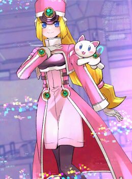 Rule 34 | 1girl, black bodysuit, blonde hair, blue eyes, blurry, blurry background, bodysuit, breasts, coat, commentary, commission, cowboy shot, dress, english commentary, hat, highres, long hair, mega man (series), mega man zx, pantyhose, pink coat, pink dress, pink hat, prairie (mega man), rikka (user hruv2435), robot ears, shako cap, solo, stuffed animal, stuffed cat, stuffed toy
