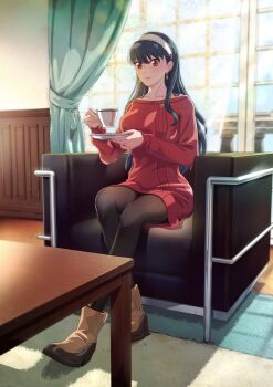 1girl armchair backlighting black_hair boots chair coffee coffee_table commentary commentary_request crossed_legs cup dress earrings hair_down hairband highres holding holding_cup holding_saucer hutarikiri2025 indoors jewelry living_room long_hair looking_at_viewer off-shoulder_sweater off_shoulder on_chair pantyhose red_dress red_eyes red_sweater rug saucer short_dress sitting spy_x_family steam sweater sweater_dress table teacup window yor_briar