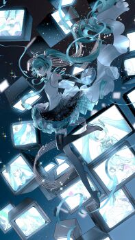 Rule 34 | 1girl, ai kotoba (vocaloid), annotation request, aqua eyes, aqua hair, aqua necktie, black background, black boots, black skirt, black sleeves, blue background, boots, commentary, copyright request, detached sleeves, english commentary, floating, full body, gradient background, hatsune miku, hatsune miku (dark angel), hatsune miku (factory tyrant), hatsune miku (infinity), hatsune miku (siren), highres, himitsu keisatsu (vocaloid), karakuri pierrot (vocaloid), kochira koufuku anshin iinkai desu (vocaloid), koi wa sensou (vocaloid), long hair, musical note, necktie, partially annotated, pleated skirt, project diva (series), rumoon, sadistic music factory (vocaloid), skirt, television, thigh boots, twintails, unknown mother goose (vocaloid), very long hair, vocaloid