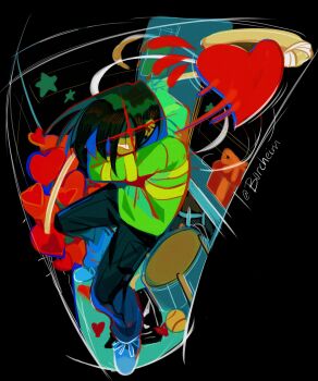 2others absurdres angry annoyed baseball black_pants blue_shoes borcheim box brown_hair chair clenched_teeth closet deltarune flying_sweatdrops gift gift_box glowing glowing_eyes green_sweater hair_over_one_eye heart heart-shaped_pillow highres holding_hockey_stick horizontal-striped_clothes hunched_over kris_(deltarune) motion_lines multiple_others pants pillow red_eyes shoes spoilers striped_clothes striped_sweater sweater swing teeth utdr_(toby_fox)