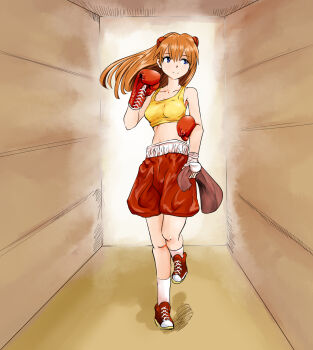1girl 3d_background backlighting bag blue_eyes boxer boxing_gloves boxing_shorts breasts brown_background brown_bag closed_mouth gloves hair_between_eyes hair_ornament hairclip hand_wraps highres holding holding_bag holding_gloves holding_unworn_clothes interface_headset_(evangelion) light_blush light_rays light_smile long_hair looking_to_the_side medium_breasts neon_genesis_evangelion orange_hair purintai red_gloves red_shoes red_shorts shoes shorts simple_background socks solo souryuu_asuka_langley sports_bra sportswear unworn_gloves white_socks yellow_sports_bra