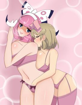 2girls blue_eyes bow bow_panties bra breasts brown_hair closed_eyes crimson_scar hair_ribbon hand_in_another's_panties haruka_(senran_kagura) klara_(pokemon) large_breasts lingerie lips multiple_girls nintendo panties pink_hair pokemon pokemon_swsh ribbon senran_kagura underwear yuri