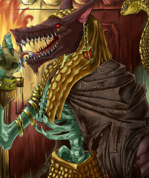 anubis_(ragnarok_online) brown_cloak cloak commentary earrings english_commentary fire highres holding holding_skull jackal jewelry licking mobblthecrazy monster no_humans open_mouth ragnarok_online ribs sharp_teeth skull snake solo teeth undead upper_body