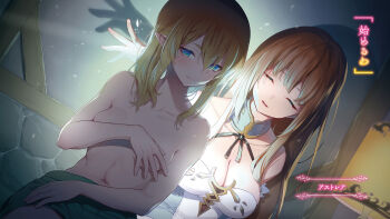 2girls astraea_(danmachi) bare_shoulders blonde_hair blue_eyes breasts brown_hair cleavage closed_eyes closed_mouth covering_breasts covering_privates dress dungeon_ni_deai_wo_motomeru_no_wa_machigatteiru_darou_ka elf green_shorts hair_between_eyes halter_dress halterneck hand_up highres indoors large_breasts long_hair medium_hair multiple_girls navel nilitsu novel_illustration official_art parted_lips pointy_ears ryu_lion shorts sleeveless sleeveless_dress small_breasts stomach third-party_source topless_female white_dress