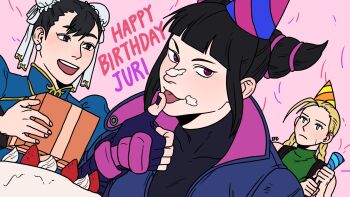 3girls :< archived_source arm_up artist_name biker_clothes bikesuit black_bodysuit black_eyes black_hair black_nails blonde_hair blue_eyes blunt_bangs bodysuit box braid bun_cover cake cammy_white capcom character_name china_dress chinese_clothes chun-li commentary confetti cream cream_on_face double_bun dress drill_hair earrings efd english_commentary english_text fingerless_gloves food food_on_face fruit gift gloves green_leotard hair_bun hair_horns han_juri happy happy_birthday hat highres holding holding_gift jewelry leotard licking licking_finger looking_at_another looking_at_viewer multiple_girls nail_polish parted_lips party_hat party_popper pink_background popped_collar purple_eyes scar scar_on_face sidelocks smile strap strawberry street_fighter street_fighter_v thumbs_up turtleneck twin_braids twin_drills unzipped wristband