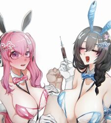 Rule 34 | 1boy, 2girls, animal ears, between breasts, bibie307, black hair, blue bow, blue bowtie, blue leotard, blush, bowtie, breasts, closed eyes, detached collar, elbow gloves, fake animal ears, fake tail, gloves, goddess of victory: nikke, headphones, holding, holding syringe, huge breasts, large breasts, leotard, long hair, looking at viewer, mary (medical rabbit) (nikke), mary (nikke), multiple girls, official alternate costume, open mouth, pepper (nikke), pink bow, pink bowtie, pink hair, pink leotard, playboy bunny, purple eyes, rabbit ears, rabbit tail, see-through, see-through leotard, side ponytail, sidelocks, strapless, strapless leotard, syringe, tail, white gloves