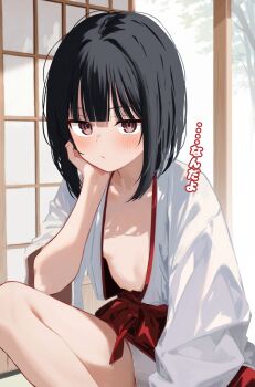 1girl absurdres black_hair blush bob_cut bob_cut_girl_(memekko) breasts brown_eyes closed_mouth commentary_request highres indoors japanese_clothes kimono looking_at_viewer memekko miko open_clothes open_kimono original paid_reward_available revision short_hair small_breasts solo translation_request white_kimono