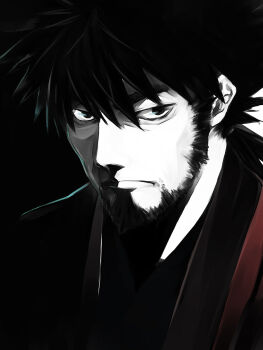 Rule 34 | 1boy, beard, black background, black eyes, black hair, commentary request, dimension w, facial hair, highres, looking at viewer, mabuchi kyoma, male focus, miishi jun, partially shaded face, portrait, sideburns, solo