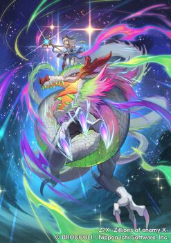 1girl aura copyright_notice dragon dragon_girl dragon_horns dragon_princess_(z/x) dragon_tail dress elbow_gloves gloves grey_hair holding holding_staff horns long_hair official_art riding_dragon sparkle staff standing tail teo_(telo_ruka) thighhighs white_gloves white_thighhighs z/x