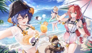 3girls absurdres aida_noa alice_thymefield alice_thymefield_(sea_of_thyme) animal_ears beach belle_(summer_skies)_(zenless_zone_zero) belle_(zenless_zone_zero) bikini black_hat blonde_hair blue_sky bow bracelet breasts bucket_hat camera casual_one-piece_swimsuit cleavage commentary_request cup day drinking_glass drinking_straw eyewear_on_head food fruit green_eyes hair_between_eyes hair_bow hair_ornament hand_up hat hearing_aid heart heart-shaped_eyewear highres holding holding_cup holding_swim_ring holding_umbrella innertube jewelry kamanosuke_(zenless_zone_zero) letter_hair_ornament long_hair looking_at_viewer medium_breasts midriff multiple_girls multiple_hair_bows navel necklace ocean official_alternate_costume one-piece_swimsuit one_eye_closed open_mouth orange_(fruit) orange_bikini orange_slice outdoors parted_lips pink_one-piece_swimsuit rabbit_ears rabbit_girl red_hair shirt shore sky smile sphere_hair_ornament sunglasses swim_ring swimsuit thighlet thighs two-tone_one-piece_swimsuit ukinami_yuzuha ukinami_yuzuha_(tanuki_in_broad_daylight) umbrella very_long_hair white_bow white_one-piece_swimsuit white_shirt zenless_zone_zero