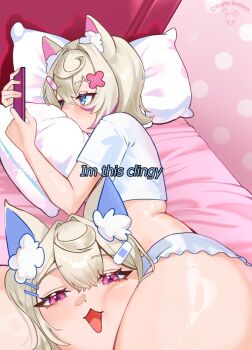 2girls animal_ear_fluff bandaid bandaid_hair_ornament blonde_hair blue_eyes crop_top dopeybunni english_text fuwawa_abyssgard hair_intakes hair_ornament head_between_thighs highres holding holding_phone hololive hololive_english i&#039;m_this_clingy_(meme) lying meme micro_shorts mococo_abyssgard multiple_girls on_bed on_side open_mouth phone pillow pink_eyes pink_streaks shirt shorts siblings sisters twins virtual_youtuber white_shirt white_shorts x_hair_ornament