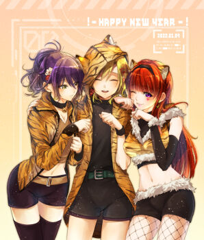 1other 2girls alternate_costume earrings gina_(gnosia) gnosia hair_between_eyes high_ponytail jewelry long_hair looking_at_viewer minami_(mnm_fam) multiple_girls ponytail purple_hair red_hair setsu_(gnosia) short_hair smile sq_(gnosia) tattoo upper_body