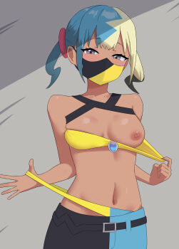 1girl absurdres bandeau bandeau_pull belt black_belt breasts canari_(pokemon) clothes_pull collarbone commentary eyelashes grey_eyes half-closed_eyes highres looking_at_viewer mask mouth_mask multicolored_hair navel nintendo nipples nullpote one_breast_out pants pokemon pokemon_legends:_z-a shadow short_twintails solo spread_fingers twintails yellow_bandeau