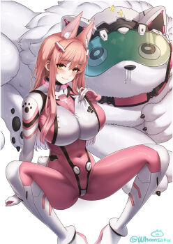 1girl absurdres blush bodysuit breasts commentary_request goddess_of_victory:_nikke highres large_breasts leona_(nikke) leona_(zoo_keeper)_(nikke) long_hair long_sleeves looking_at_viewer pink_bodysuit pink_hair sitting smile spread_legs timi_(nikke) whoosaku yellow_eyes